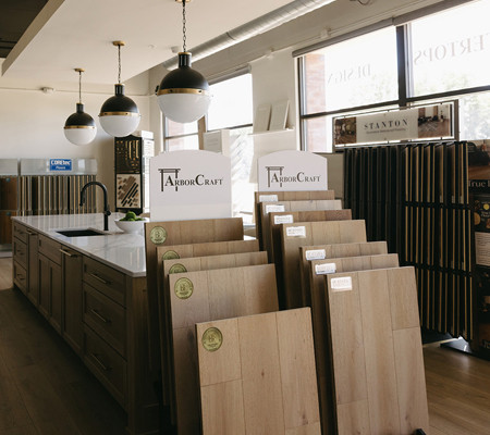 Flooring showroom with hardwood flooring samples and design displays | Bay Country Floors
